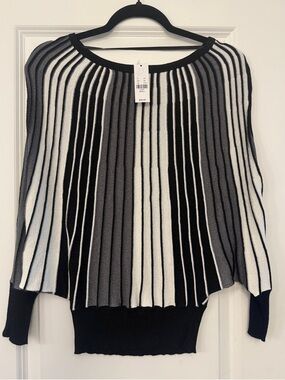 New York & Company Black, White & Gray Striped Pleated Knit Top
